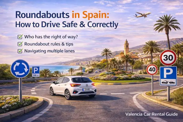 Driving in Spain as a tourist guide with road signs and highway