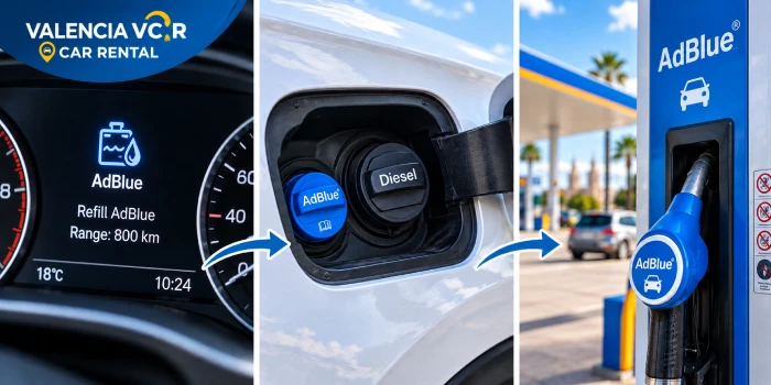 How to identify petrol and diesel fuel markings on a rental car and at a Spanish petrol station