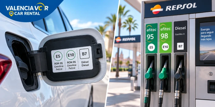 How to identify petrol and diesel fuel markings on a rental car and at a Spanish petrol station